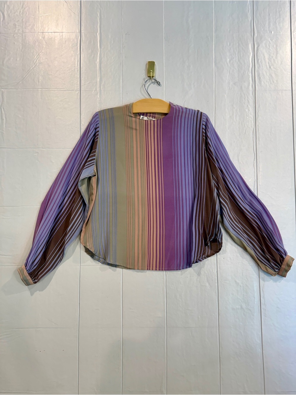 Irka Silk Striped Long-Sleeve Blouse in Purple Green Brown 10P Pristine